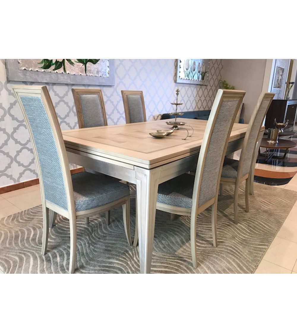 Tavolo e sedia da cucina, con struttura in acciaio e MDF. Set tavoli  completo di 6 sedie da pranzo in legno chiaro