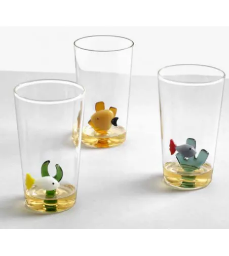 Set 3 Bicchieri Longdrink Pesce Giallo Alga Ambra Marine Garden - Ichendorf