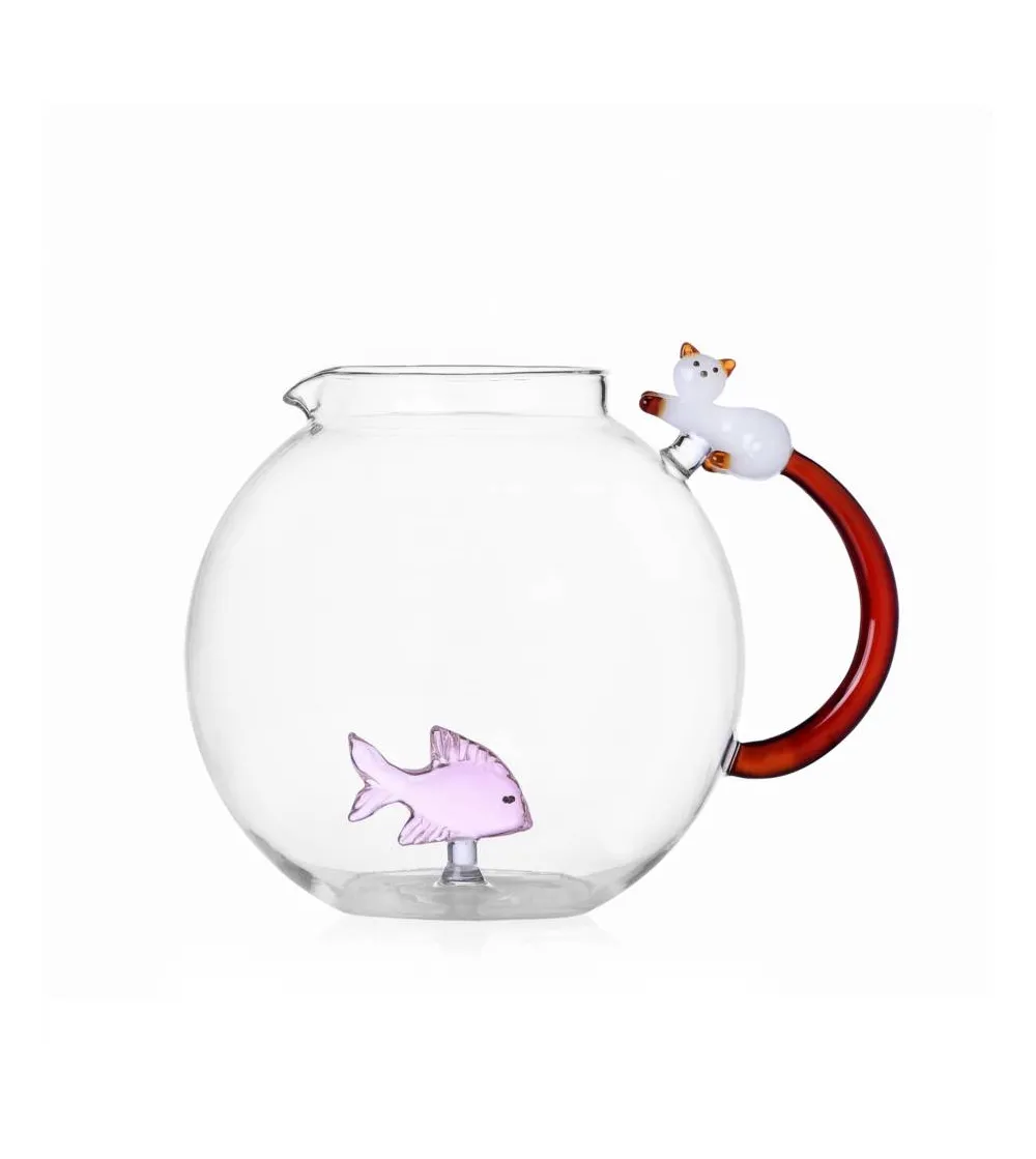 Tabby Cat Pink Fish & White Cat Amber Tail Jug- Ichendorf