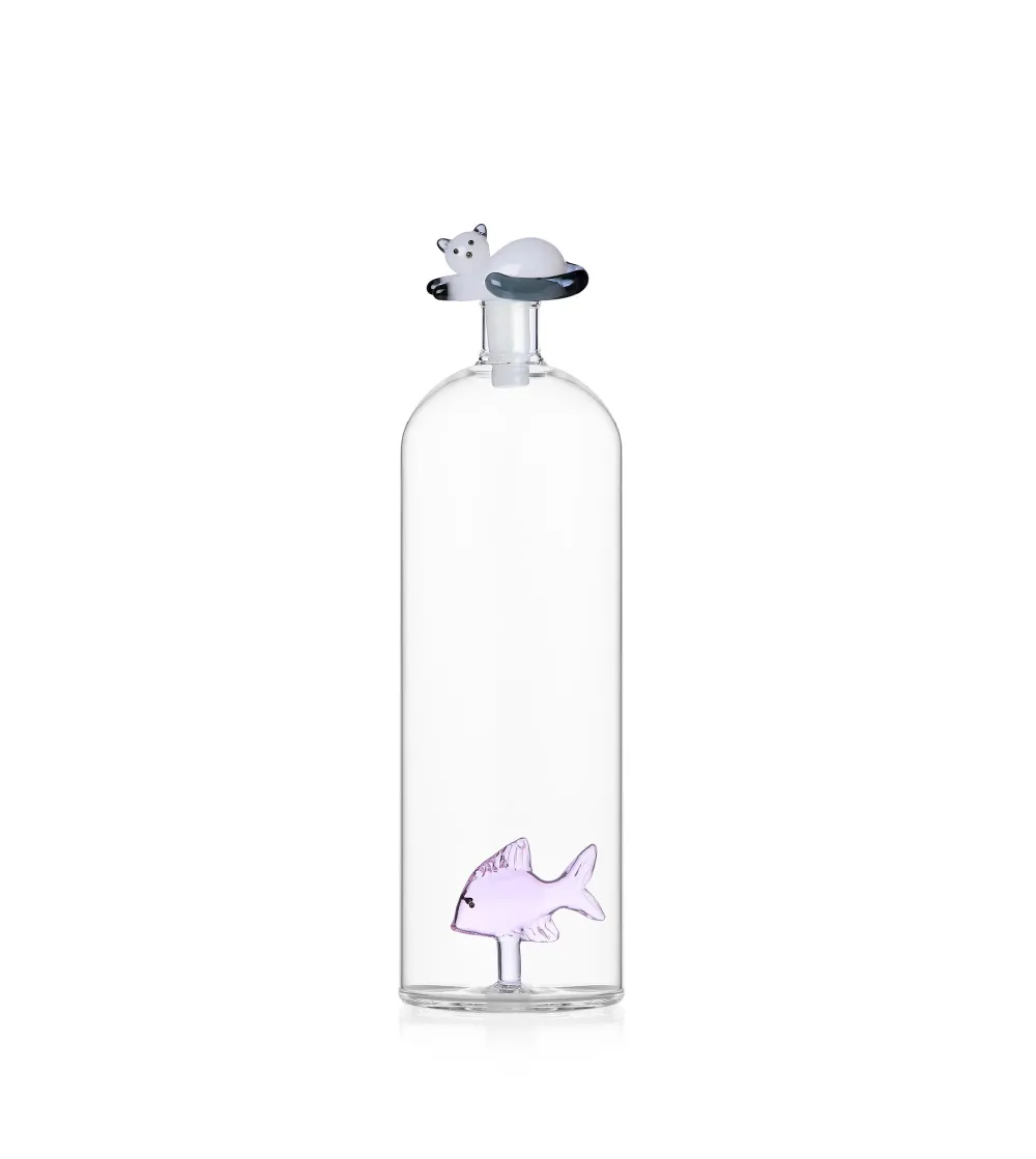 Tabby Cat Pink Fish & White Cat Grey Tail Bottle - Ichendorf