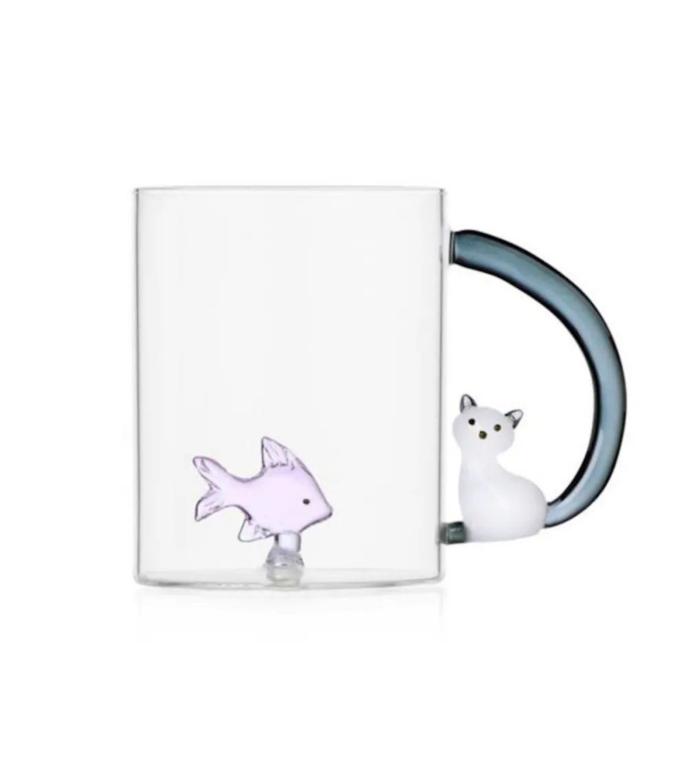 Tasse Mug Poisson Rose & Chat Blanc Queue Grise Tabby Cat - Ichendorf