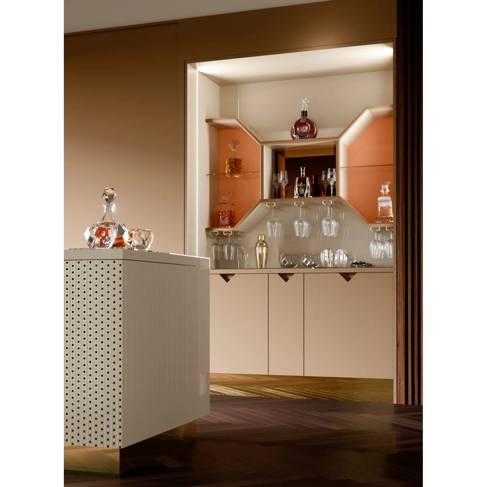 Elegante bancone bar originale con sedie nel soggiorno all'interno