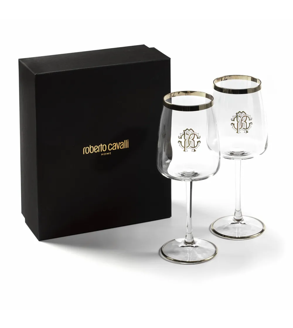 Roberto Cavalli - Set of 2 New Monogram Platin Wine Goblets