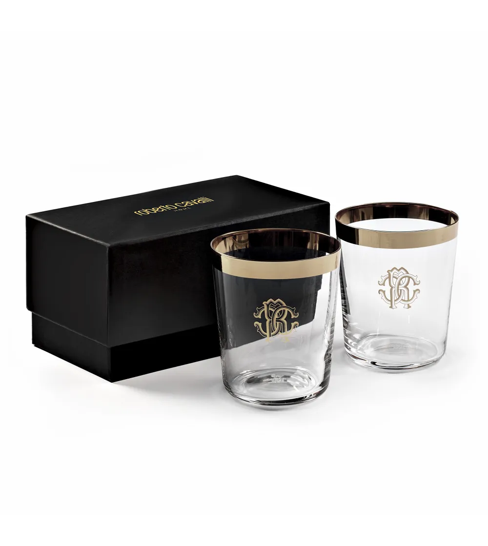 Roberto Cavalli - Set of 2 New Monogram Platin Old Fashion Glasses