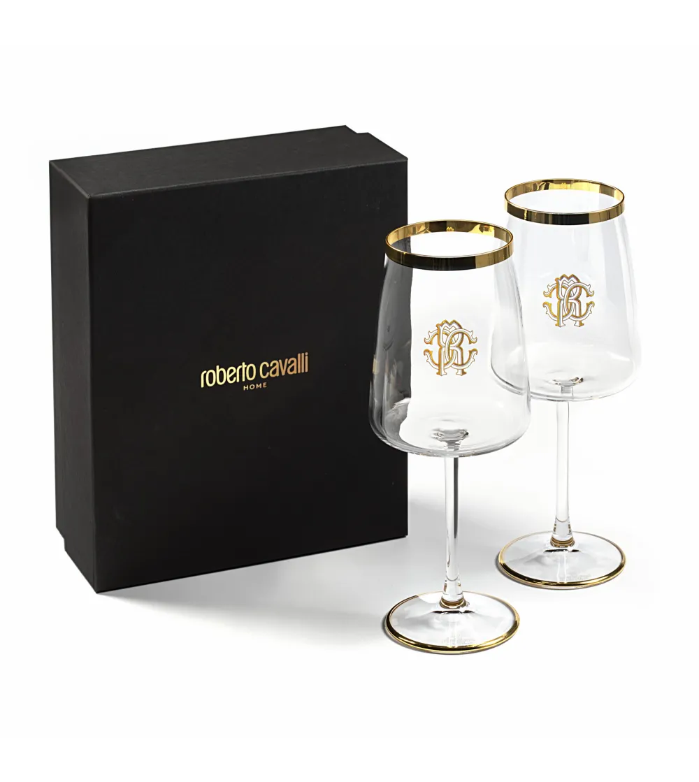 Roberto Cavalli - Set of 2 New Monogram Gold Water Goblets