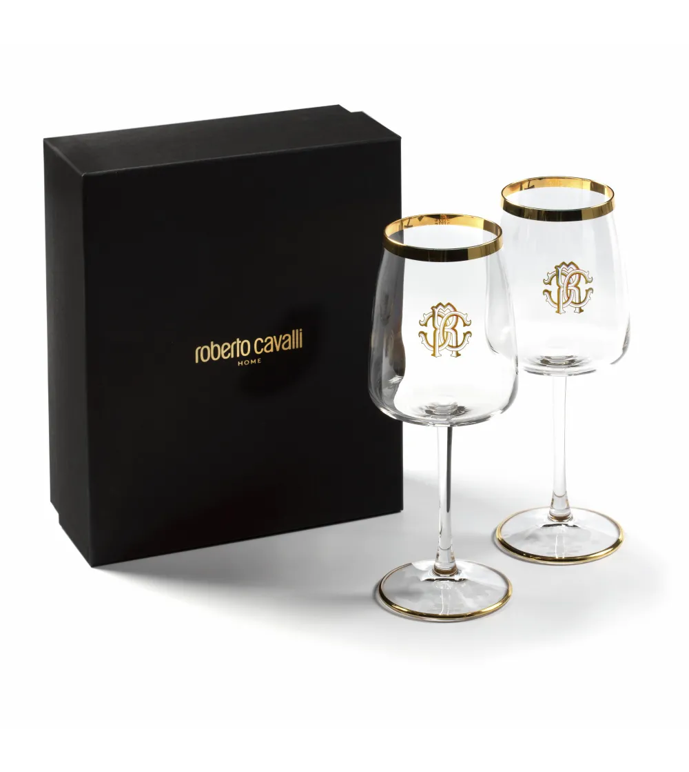 Roberto Cavalli - Set of 2 New Monogram Gold Wine Goblets