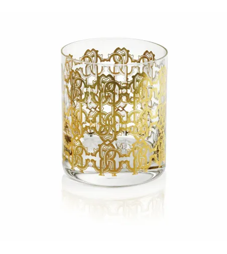 Roberto Cavalli - Set of 2 New Monogram Gold Double Old Fashion Glasses