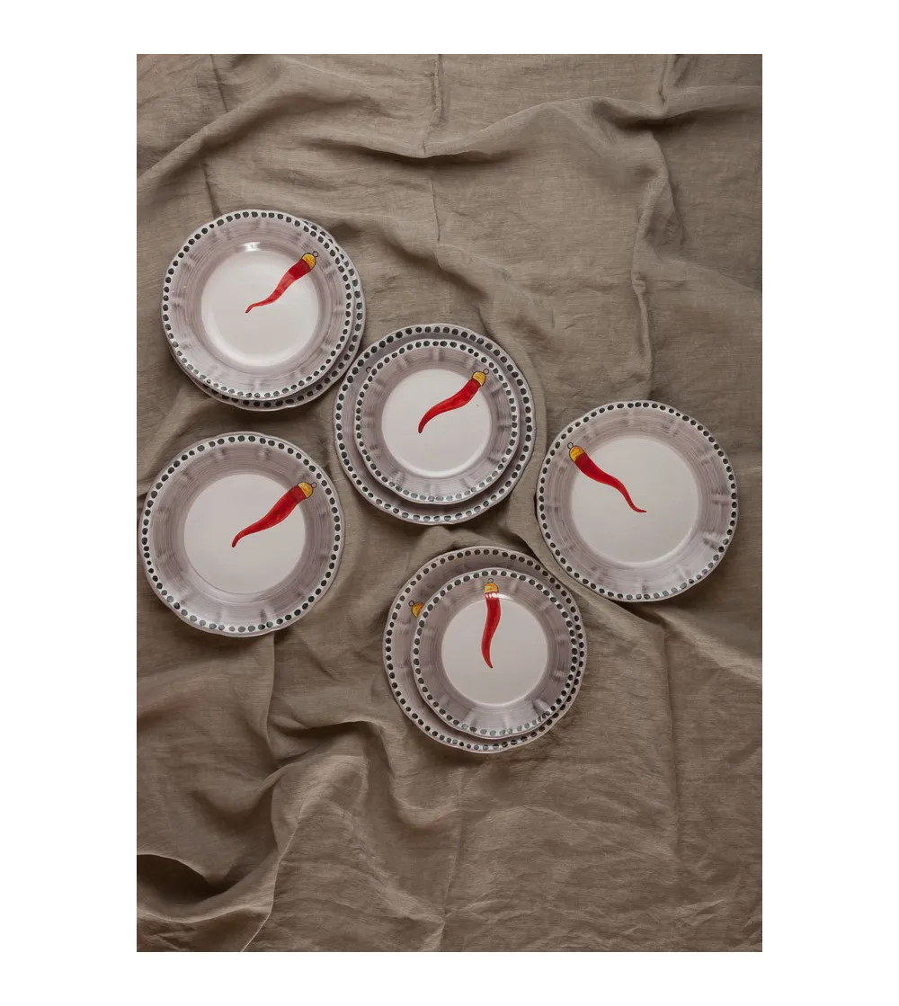Set 6 Piatti Piani con Corno Rosso -...
