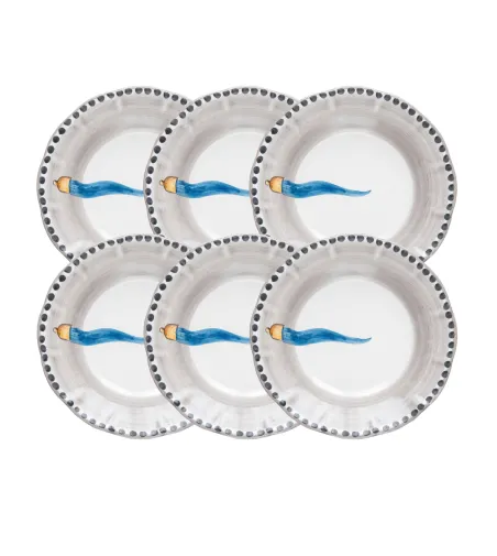 Wftb - Set of 6 Soup Plates with Light Blue Horn