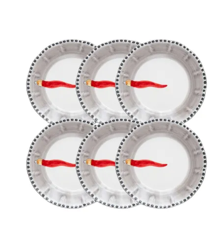 Wftb - Set of 6 Soup Plates with Red Horn