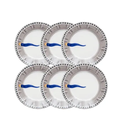 Wftb - Set of 6 Soup Plates with Blue Horn
