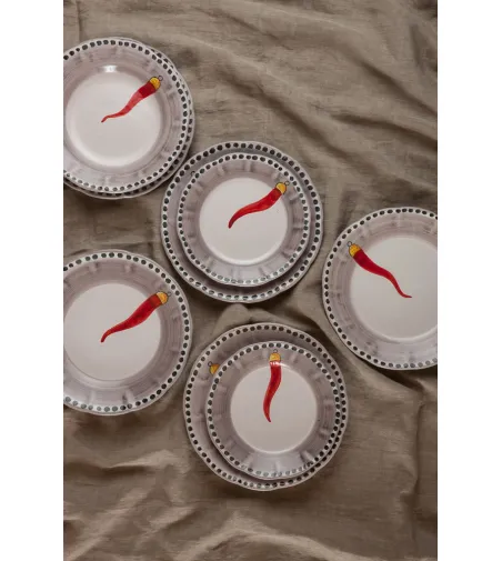 Wftb - Set of 6 Dessert Plates with Red Horn