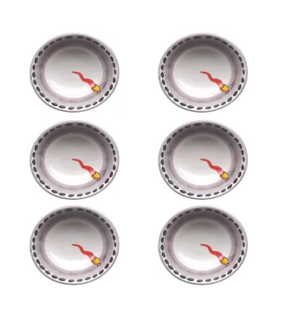 Wftb - Set of 6 Medium Bowls with Red Horn